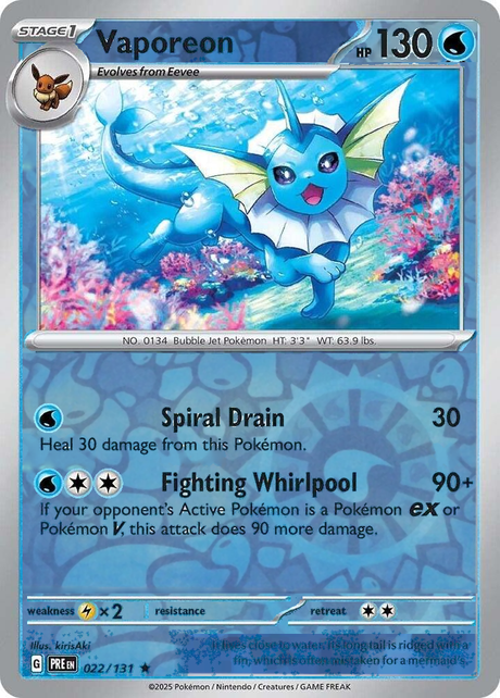 Vaporeon 022/131, Prismatic Evolutions, Reverse Holo, representative matte composite