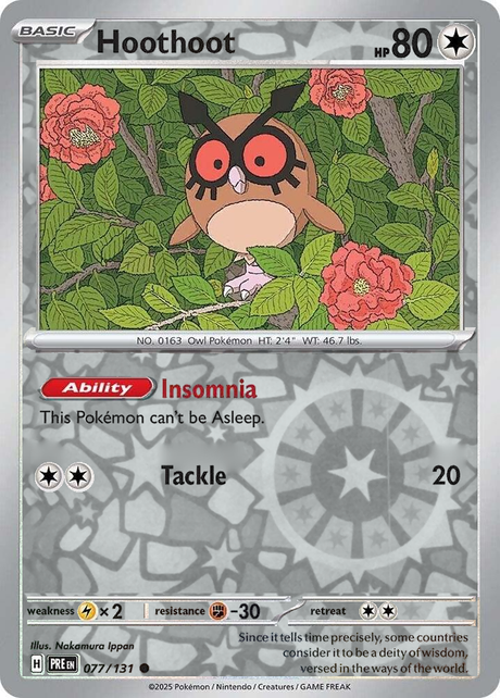 Hoothoot 077/131, Prismatic Evolutions, Reverse Holo, representative matte composite