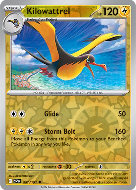 Kilowattrel 067/191, Surging Sparks, Reverse Holo, representative matte composite