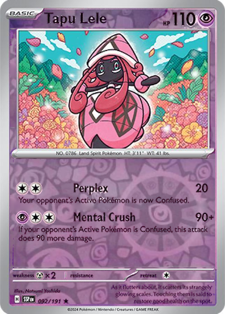 Tapu Lele 092/191, Surging Sparks, Reverse Holo, representative matte composite