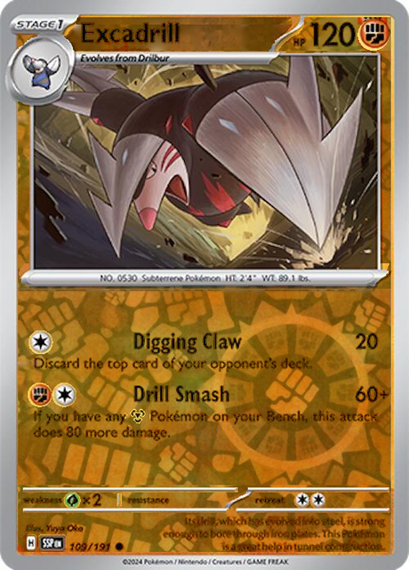 Excadrill 109/191, Surging Sparks, Reverse Holo, representative matte composite