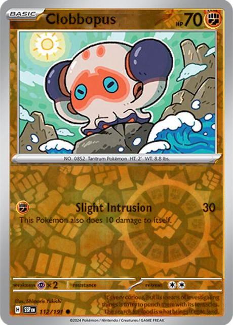 Clobbopus 112/191, Surging Sparks, Reverse Holo, representative matte composite
