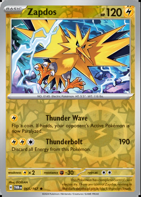Zapdos 065/167, Twilight Masquerade, Reverse Holo, representative matte composite