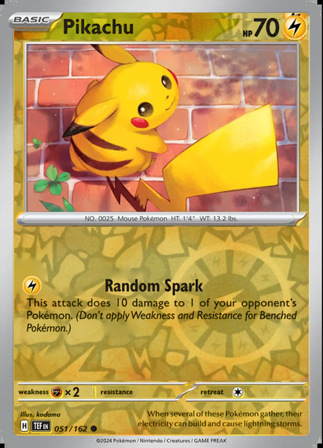 Pikachu 051/162, Temporal Forces, Reverse Holo, representative matte composite