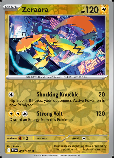 Zeraora 057/162, Temporal Forces, Reverse Holo, representative matte composite