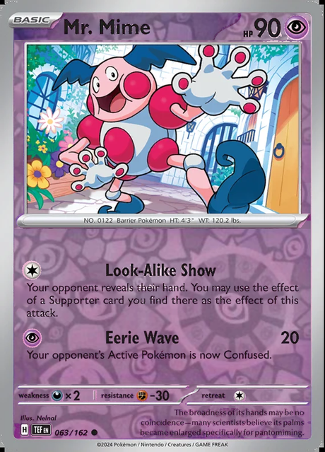 Mr. Mime 063/162, Temporal Forces, Reverse Holo, representative matte composite