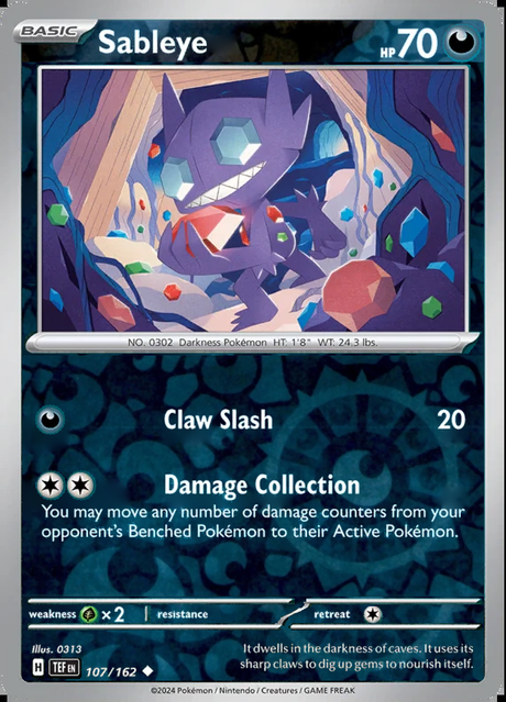 Sableye 107/162, Temporal Forces, Reverse Holo, representative matte composite