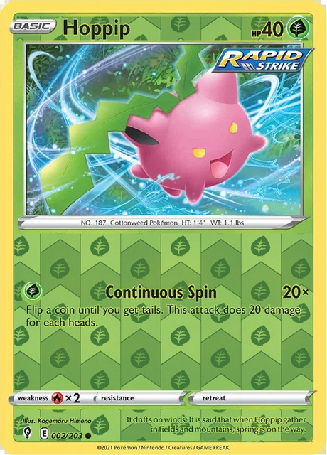 Hoppip 002/203 Evolving Skies Reverse Holo Grass pattern, representative matte composite image