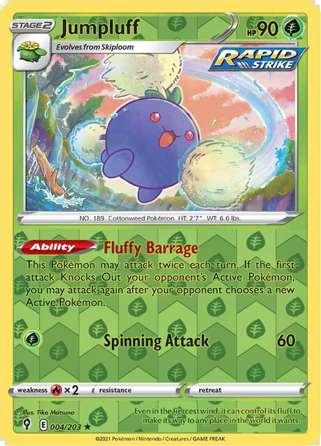 Jumpluff 004/203 Evolving Skies Reverse Holo Grass pattern, representative matte composite image