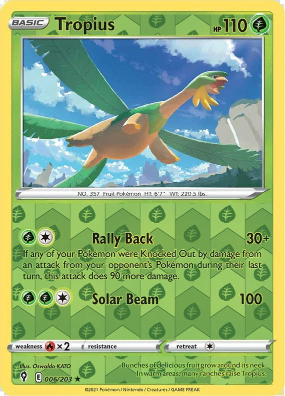 Tropius 006/203 Evolving Skies Reverse Holo Grass pattern, representative matte composite image