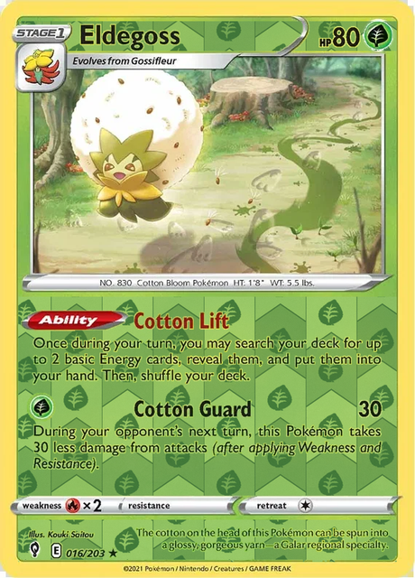 Eldegoss 016/203 Evolving Skies Reverse Holo Grass pattern, representative matte composite image