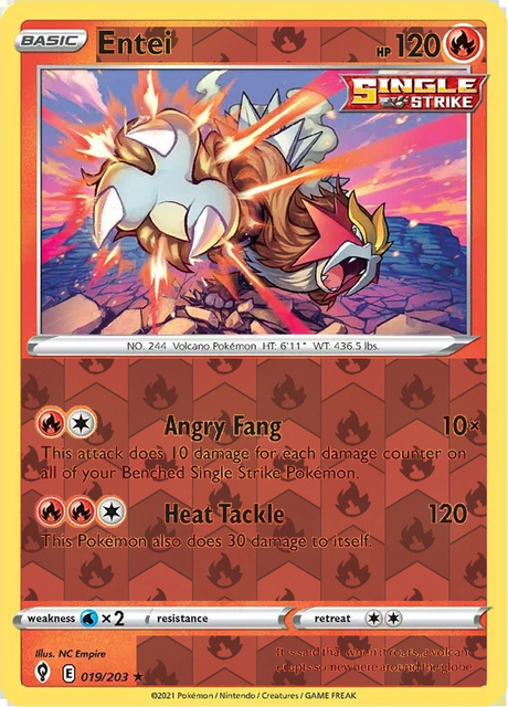 Entei 019/203 Reverse Holo Pokémon card from Evolving Skies, representative matte composite.