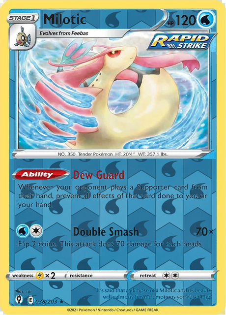Milotic 038/203 - Pokemon TCG Evolving Skies - Reverse Holo - representative matte composite (not an authentic reflective foil scan).