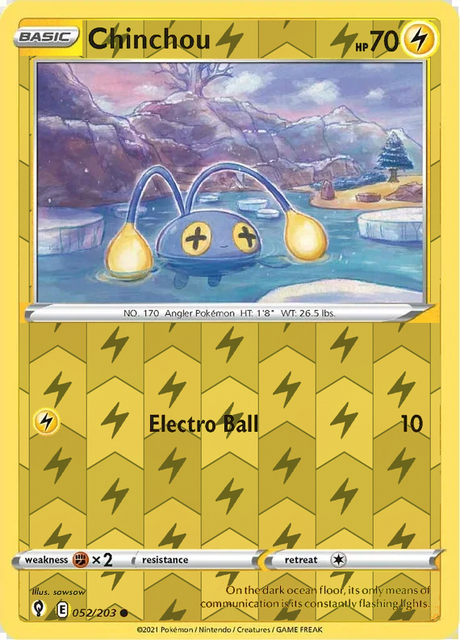 Chinchou 052/203, Evolving Skies, Reverse Holo, representative matte composite; not an authentic reflective foil scan.