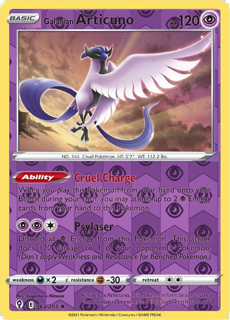 Galarian Articuno 063/203, Evolving Skies, Reverse Holo finish, representative matte composite; not an authentic reflective foil scan