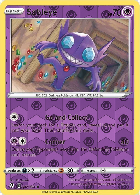 Sableye 067/203, Evolving Skies, Reverse Holo finish, representative matte composite; not an authentic reflective foil scan