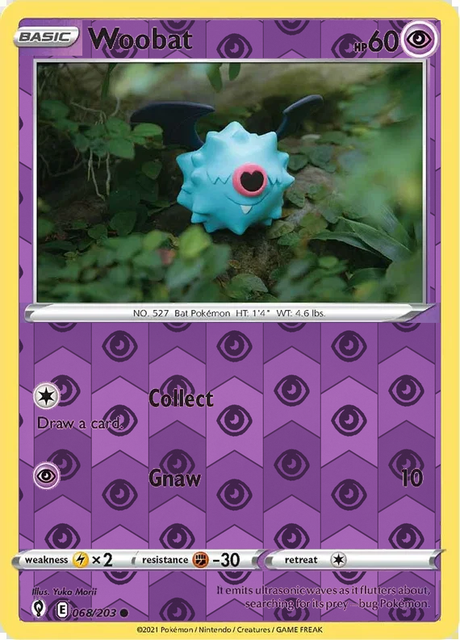 Woobat 068/203, Evolving Skies, Reverse Holo finish, representative matte composite; not an authentic reflective foil scan