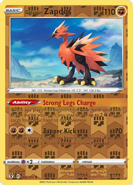Galarian Zapdos 082/203, Evolving Skies, Reverse Holo finish, representative matte composite; not an authentic reflective foil scan