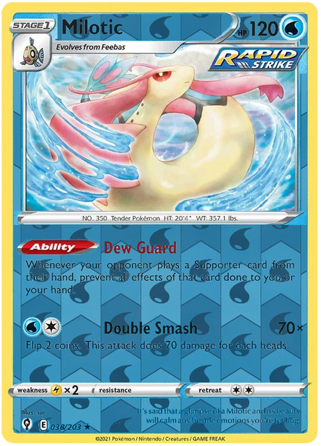 Milotic 038, Evolving Skies Singles, Reverse Holo, representative matte composite