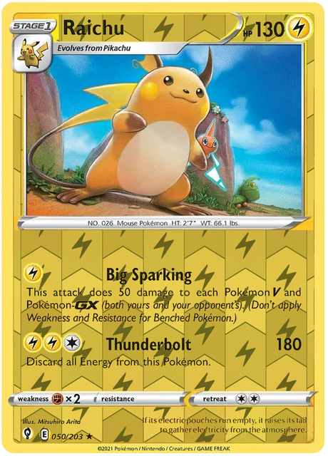 Raichu 050, Evolving Skies Singles, Reverse Holo, representative matte composite