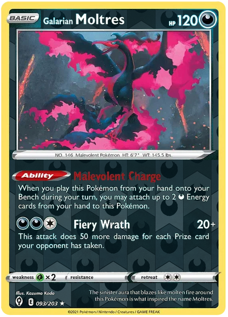 Galarian Moltres 093, Evolving Skies Singles, Reverse Holo, representative matte composite