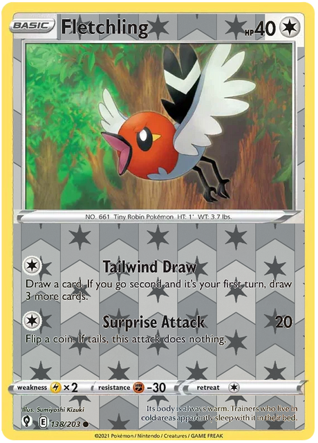 Fletchling 138, Evolving Skies Singles, Reverse Holo, representative matte composite
