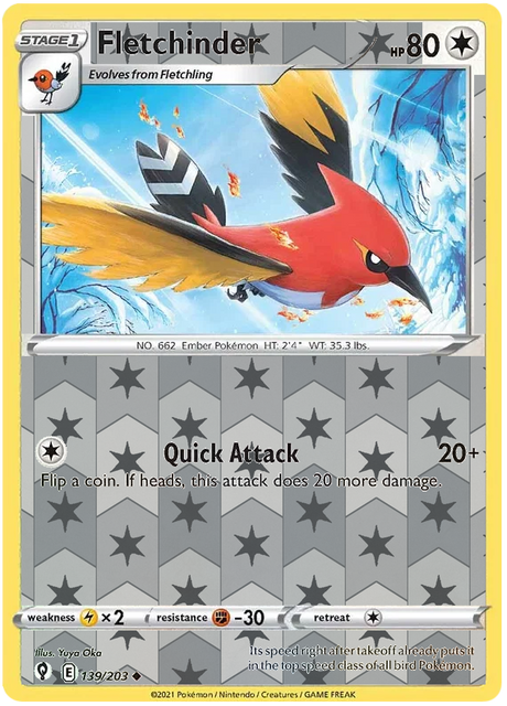 Fletchinder 139, Evolving Skies Singles, Reverse Holo, representative matte composite