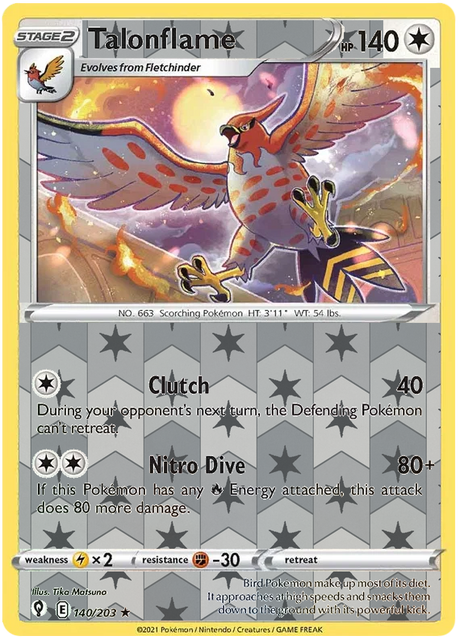 Talonflame 140, Evolving Skies Singles, Reverse Holo, representative matte composite
