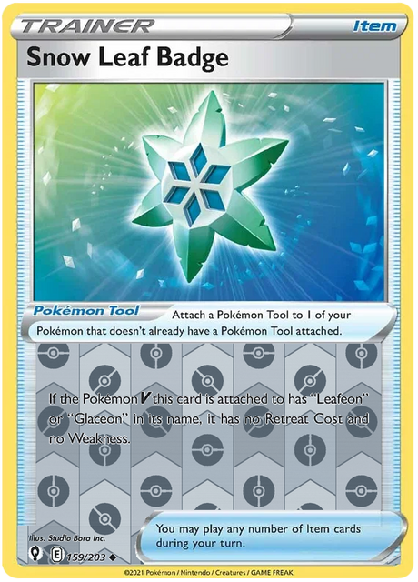 Snow Leaf Badge 159, Evolving Skies Singles, Reverse Holo, representative matte composite