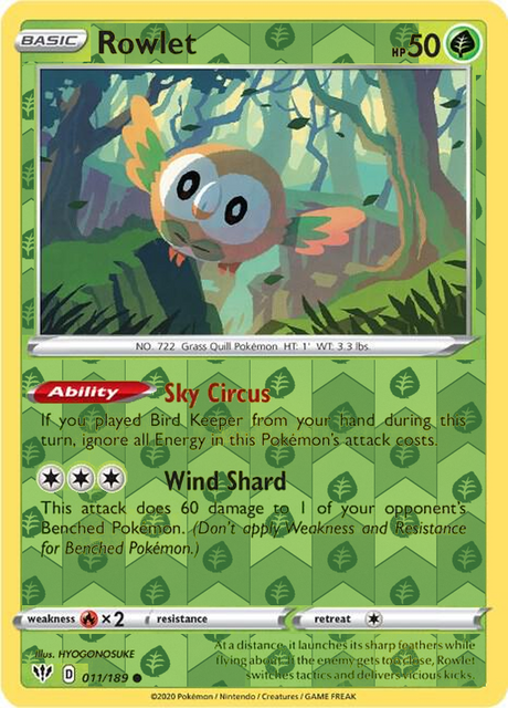 Rowlet 011, Darkness Ablaze Singles, Reverse Holo, representative matte composite
