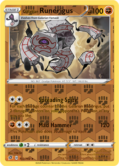 Galarian Runerigus 102, Rebel Clash Singles, Reverse Holo, representative matte composite