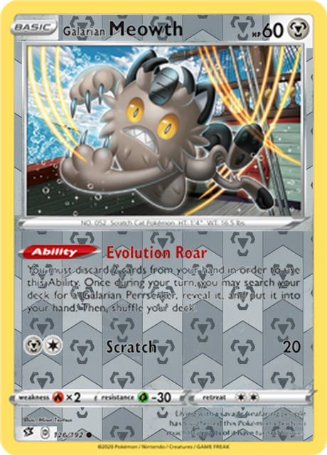 Galarian Meowth 126, Rebel Clash Singles, Reverse Holo, representative matte composite
