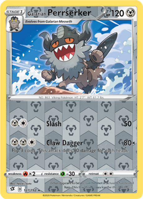 Galarian Perrserker 127, Rebel Clash Singles, Reverse Holo, representative matte composite