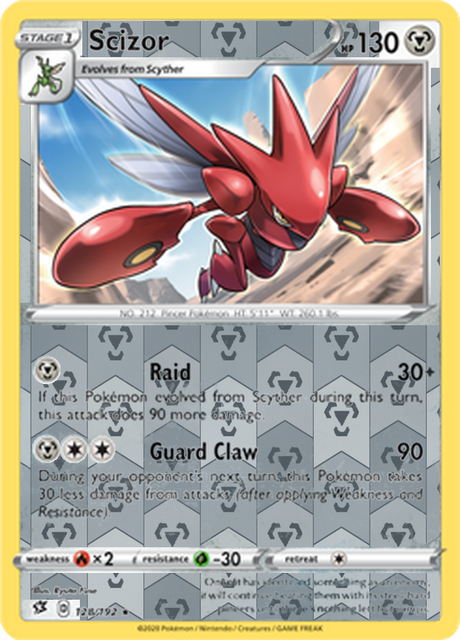 Scizor 128, Rebel Clash Singles, Reverse Holo, representative matte composite
