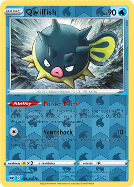 Qwilfish 051, Sword & Shield Base Set Singles, Reverse Holo, representative matte composite