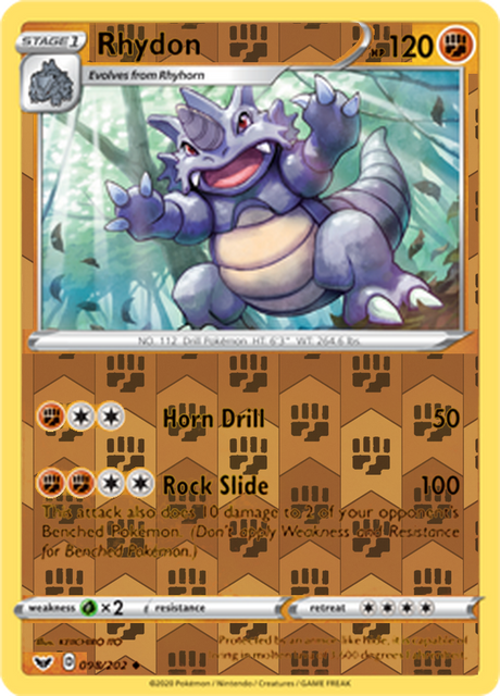 Rhydon 098, Sword & Shield Base Set Singles, Reverse Holo, representative matte composite