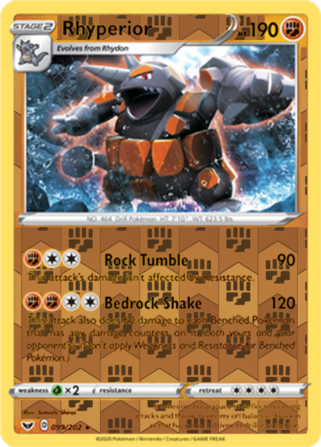 Rhyperior 099, Sword & Shield Base Set Singles, Reverse Holo, representative matte composite