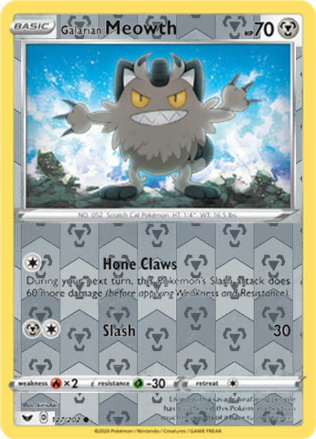 Galarian Meowth 127, Sword & Shield Base Set Singles, Reverse Holo, representative matte composite
