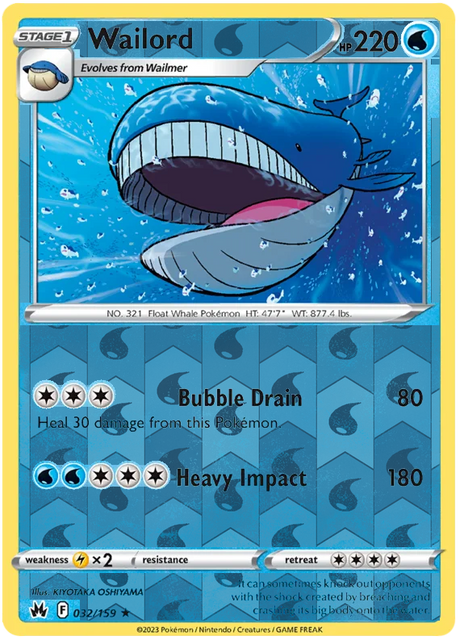 Wailord 032, Crown Zenith Singles Base, Reverse Holo, representative matte composite