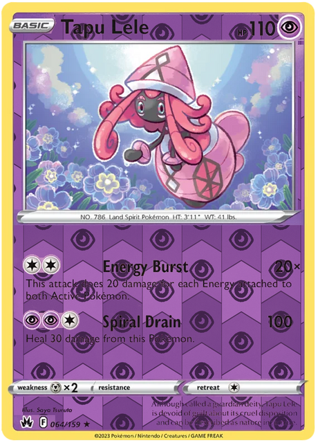 Tapu Lele 064, Crown Zenith Singles Base, Reverse Holo, representative matte composite