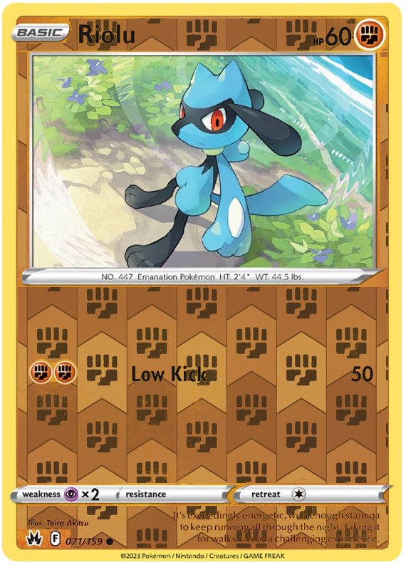Riolu 071, Crown Zenith Singles Base, Reverse Holo, representative matte composite