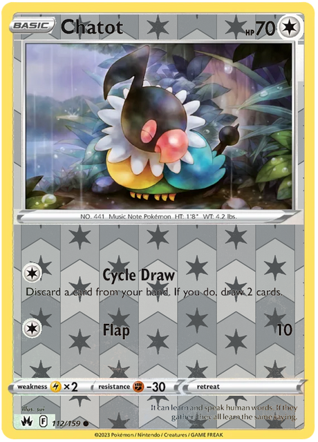 Chatot 112, Crown Zenith Singles Base, Reverse Holo, representative matte composite