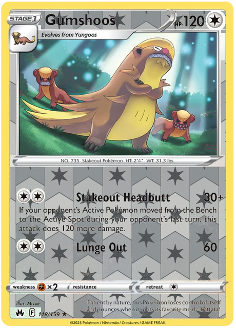 Gumshoos 118, Crown Zenith Singles Base, Reverse Holo, representative matte composite