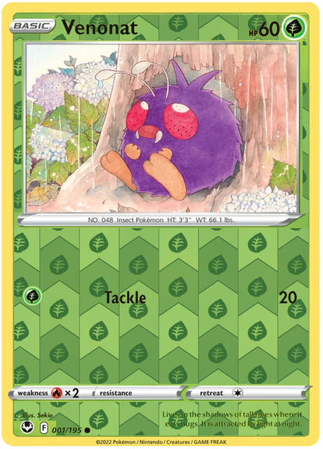 Venonat 001, Silver Tempest Base, Reverse Holo, representative matte composite