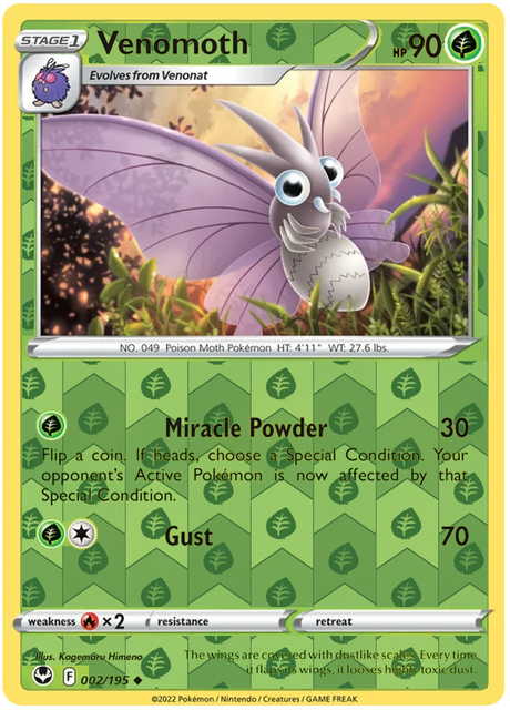 Venomoth 002, Silver Tempest Base, Reverse Holo, representative matte composite