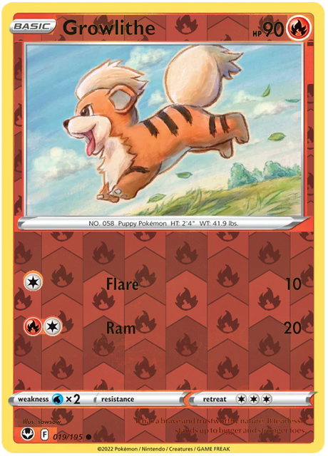 Growlithe 019, Silver Tempest Base, Reverse Holo, representative matte composite