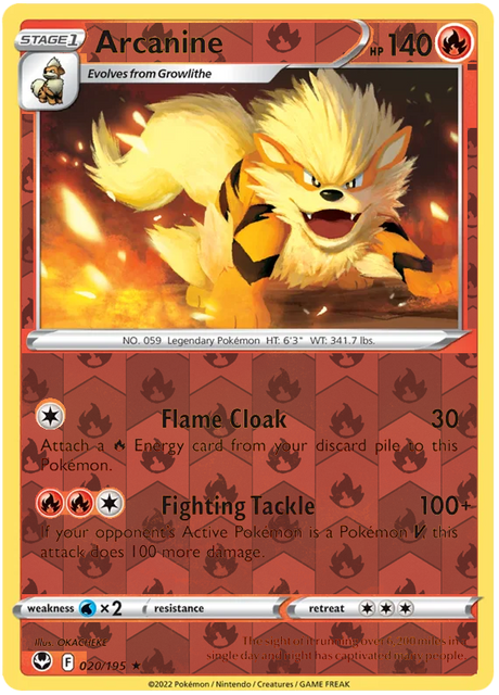 Arcanine 020, Silver Tempest Base, Reverse Holo, representative matte composite