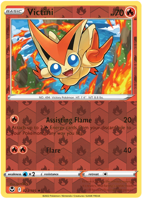 Victini 023, Silver Tempest Base, Reverse Holo, representative matte composite