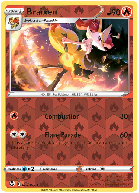 Braixen 026, Silver Tempest Base, Reverse Holo, representative matte composite