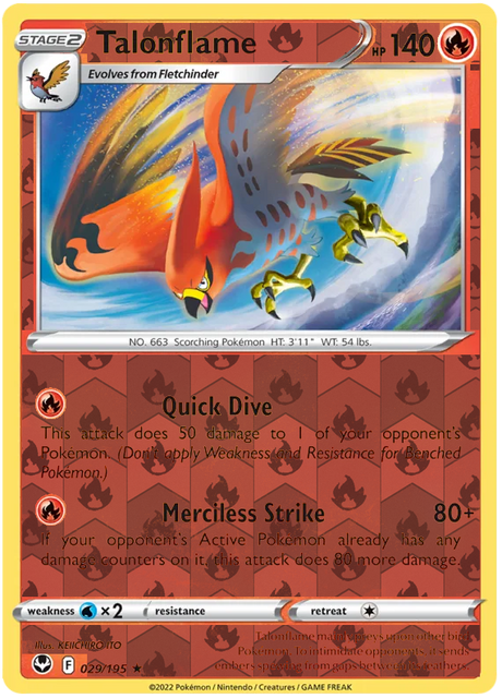 Talonflame 029, Silver Tempest Base, Reverse Holo, representative matte composite